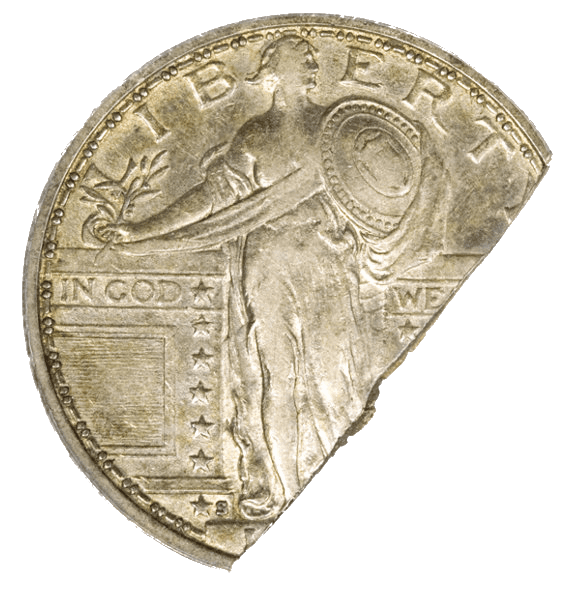 Une pièce de monnaie brisée. Les inscriptions "In god we trust" et "Liberty", brisées elles aussi.