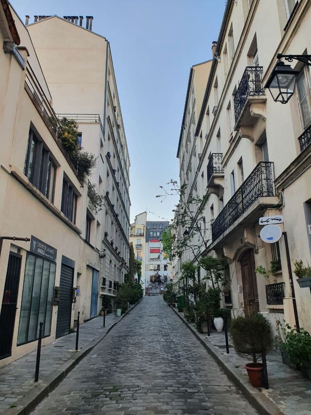 Une paisible rue presque piétonne pavée dans le 20ème arrondissement de Paris